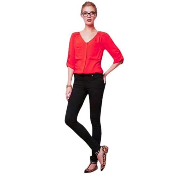 Anthropologie Drapey Pleated Henley Top P10 Petite Large Red Front Pocket Blouse - Picture 5 of 16